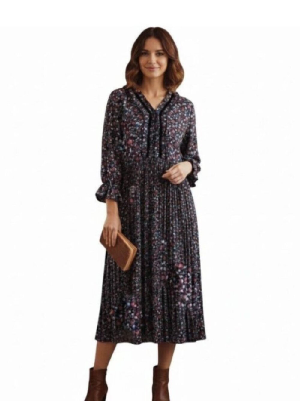 Only Boho Floral V-Neck Long Sleeve Dress Bib Collar Bell Size 38 0315